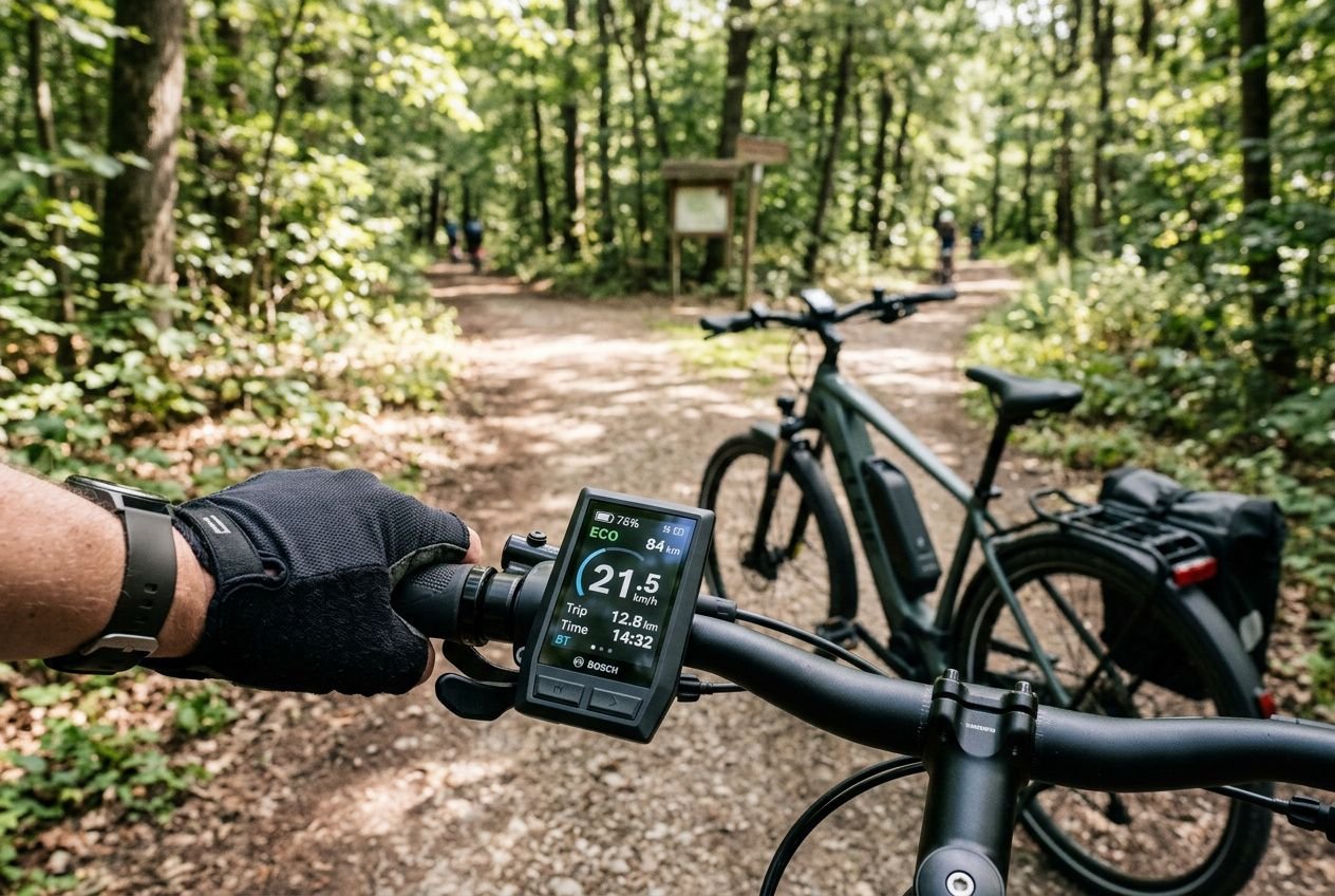 Affichage du compteur sur guidon montrant l’autonomie et la consommation lors d’une sortie à vélo électrique en forêt, avec un autre vélo attaché en arrière-plan. Autonomie vélo électrique et navigation sur sentier.