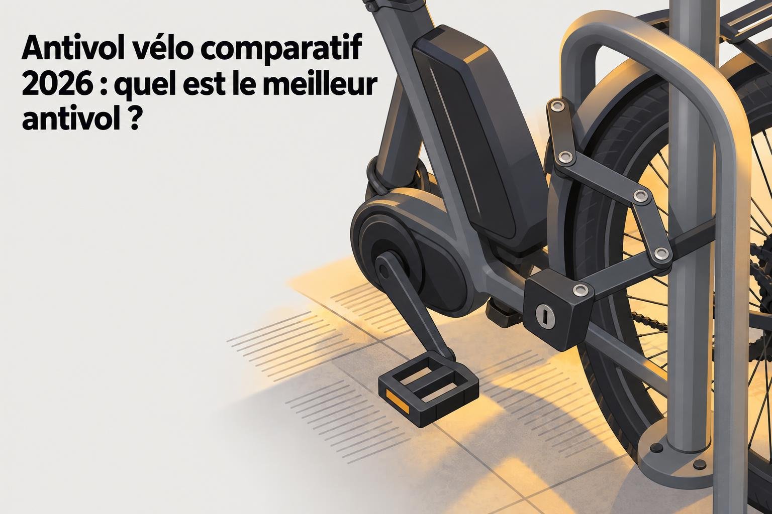 Antivol vélo comparatif 2026 : pédale et cadre d’un vélo électrique verrouillés, dispositif antivol visible près de la roue.