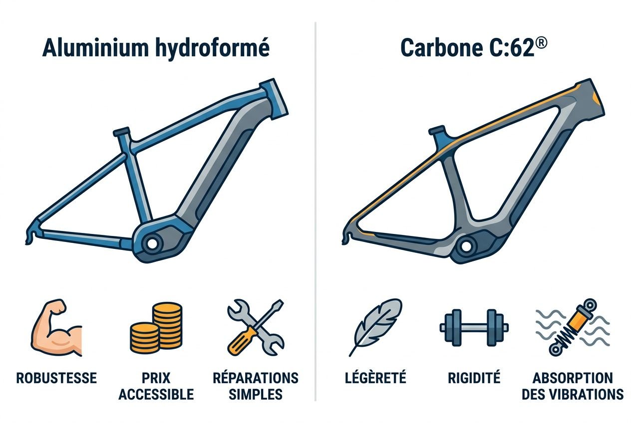 Cadre de VTT léger et robuste en aluminium hydroformé ou carbone C:62, avec icônes indiquant robustesse et coût accessible, réparations simples pour l’aluminium; légèreté, rigidité et absorption des vibrations pour le carbone. intégrer "comment choisir un vtt électrique" de manière fluide.