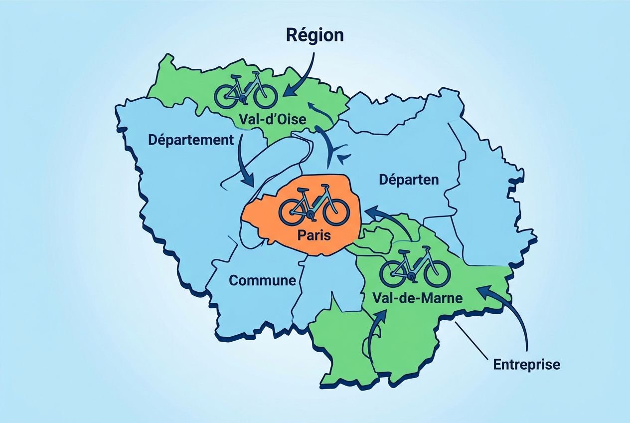Carte illustrant les aides vélo électrique 2025 par région Île-de-France, Paris et Val-de-Marne, avec flèches vers les cycles. Aide achat vélo électrique 2025 intégrée.