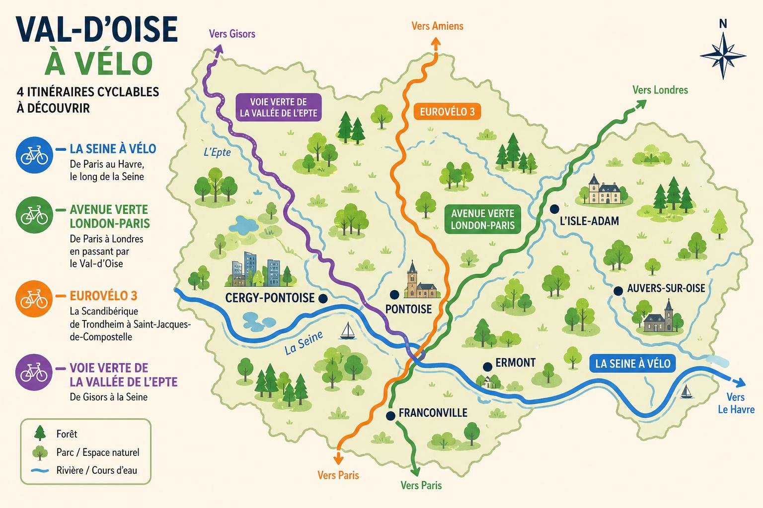 Carte illustrant les pistes cyclables du Val-d'Oise avec itinéraires colorés et points d'intérêt, incluant la Seine et plusieurs villes. Pistes cyclables val-d'oise présentées sur une carte interactive.