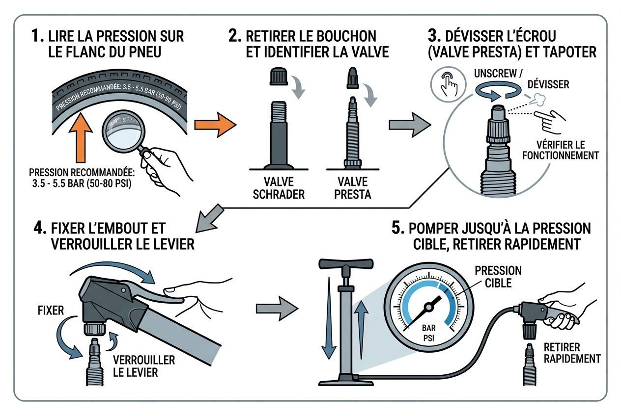 Comment bien gonfler pneu vélo : guide illustré montrant lire pression sur flanc, retirer bouchon et viser valve, dévisser l’écrou et verrouiller le levier, puis pomper jusqu’à la pression cible avec manomètre.
