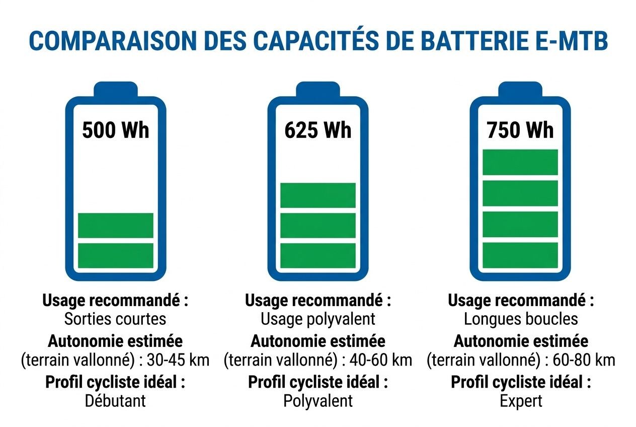 Comparaison des capacités de batterie e-MTB: trois profils avec 500, 625 et 750 Wh pour guider « comment choisir un vtt électrique ».