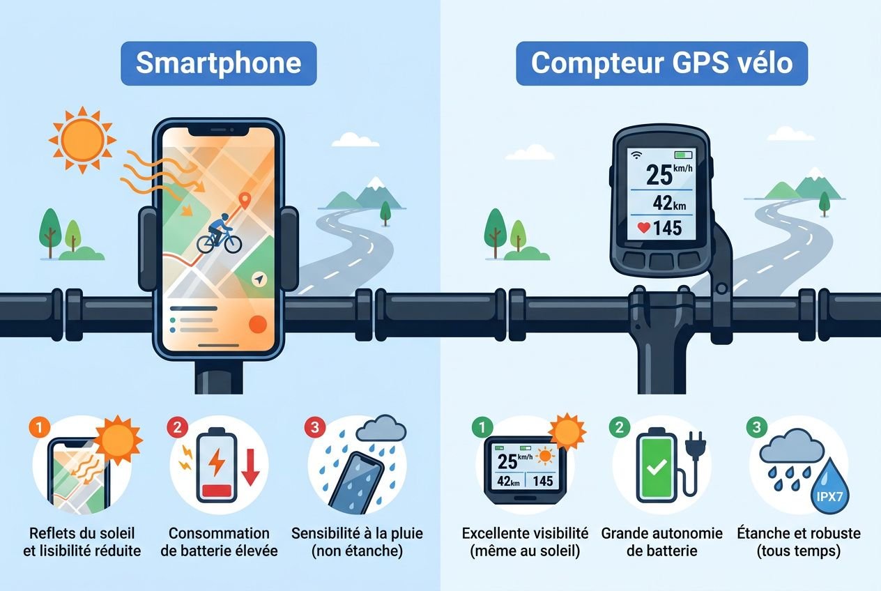 Compteur GPS vélo et smartphone sur guidon montrant données vélo, pour guide et comparaison 2026 - compteur GPS vélo intégrant météo et autonomie.