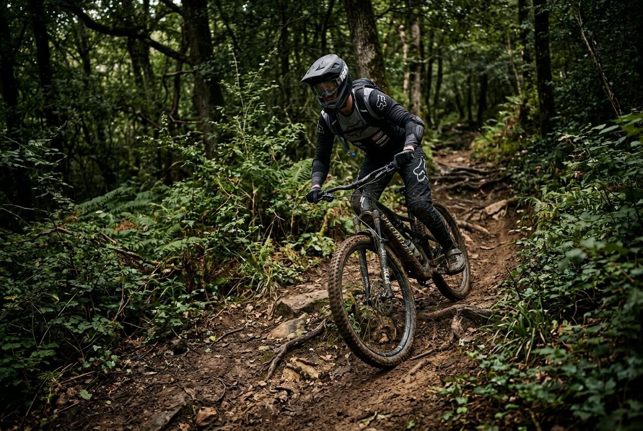 Coureur de VTT en casque noir sur un sentier rocailleux en forêt; pratique du parcours vtt forêt de montmorency, guidant le guidon dans une descente technique.