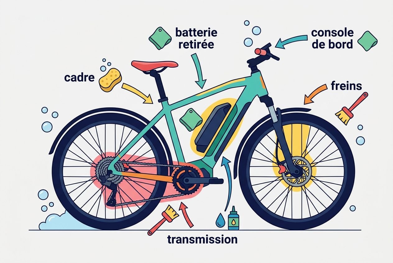 Illustration d’un vélo électrique démonté partiellement avec cadre turquoise, roues, chaîne et freinage; étiquettes "cadre", "transmission", "freins", "batterie retirée" et "console de bord" autour du vélo. intégrer le concept de comment entretenir son vélo électrique en contexte pédagogique.