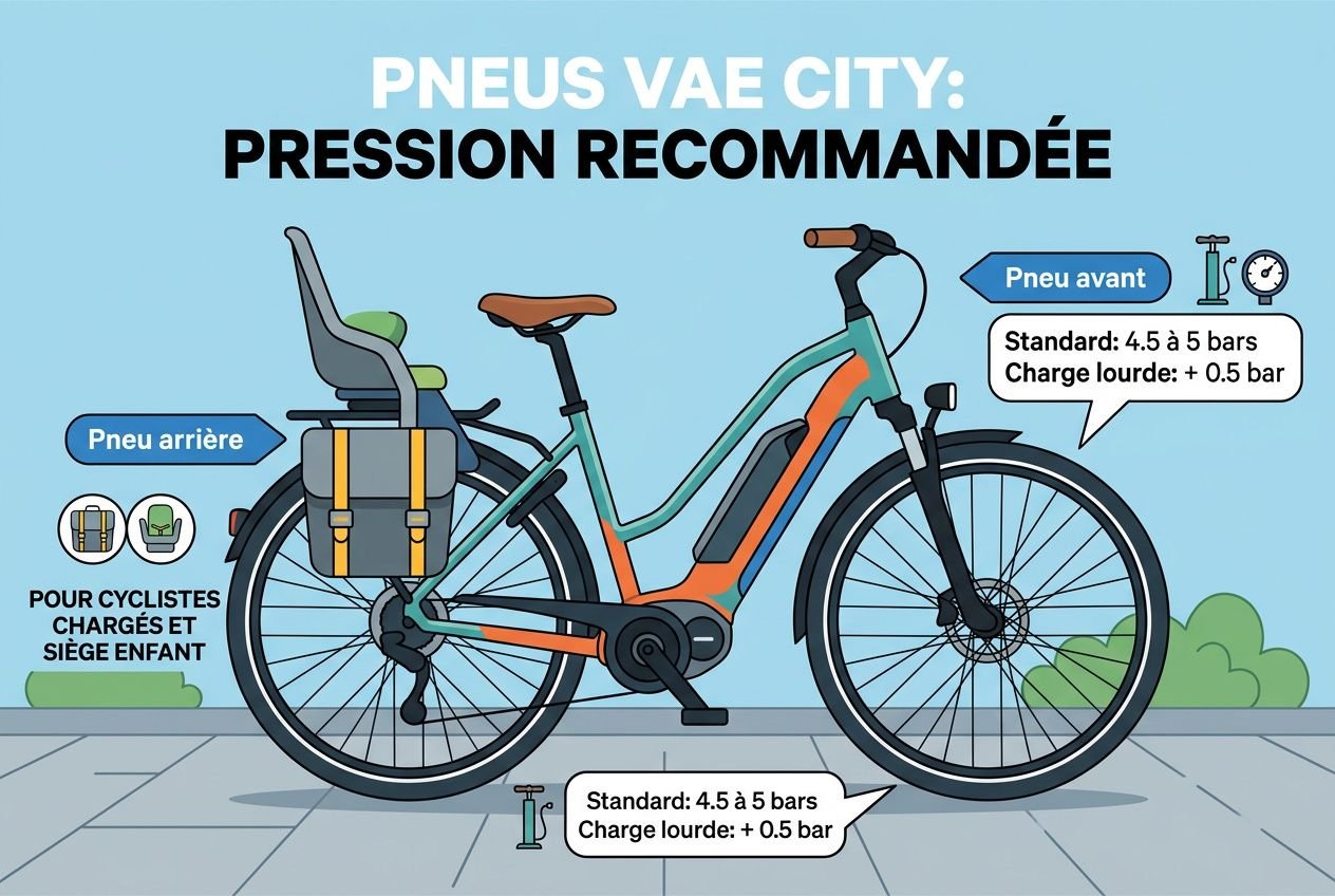 Illustration d’un vélo électrique avec pneus gonflés. Affichage des valeurs “Standard: 4.5 à 5 bars” et “Charge lourde: +0.5 bar” pour Pneu avant et Pneu arrière. Gadgets et sacoches visibles, cadre bleu et orange, cadre route/gravel. Integration du concept de pression pneu vélo.