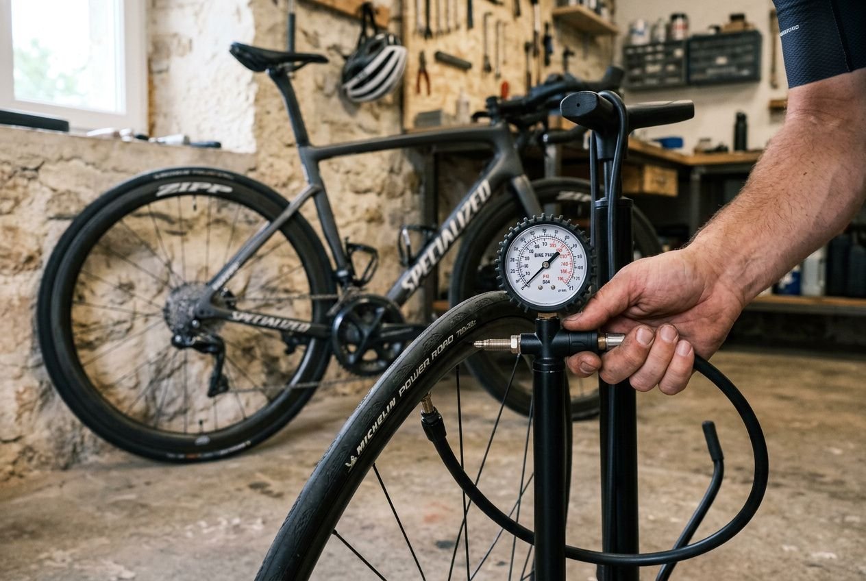 Mesure de pression sur un pneu de vélo avec pompe et manomètre, atelier en arrière-plan. Comment bien gonfler pneu vélo évoqué.
