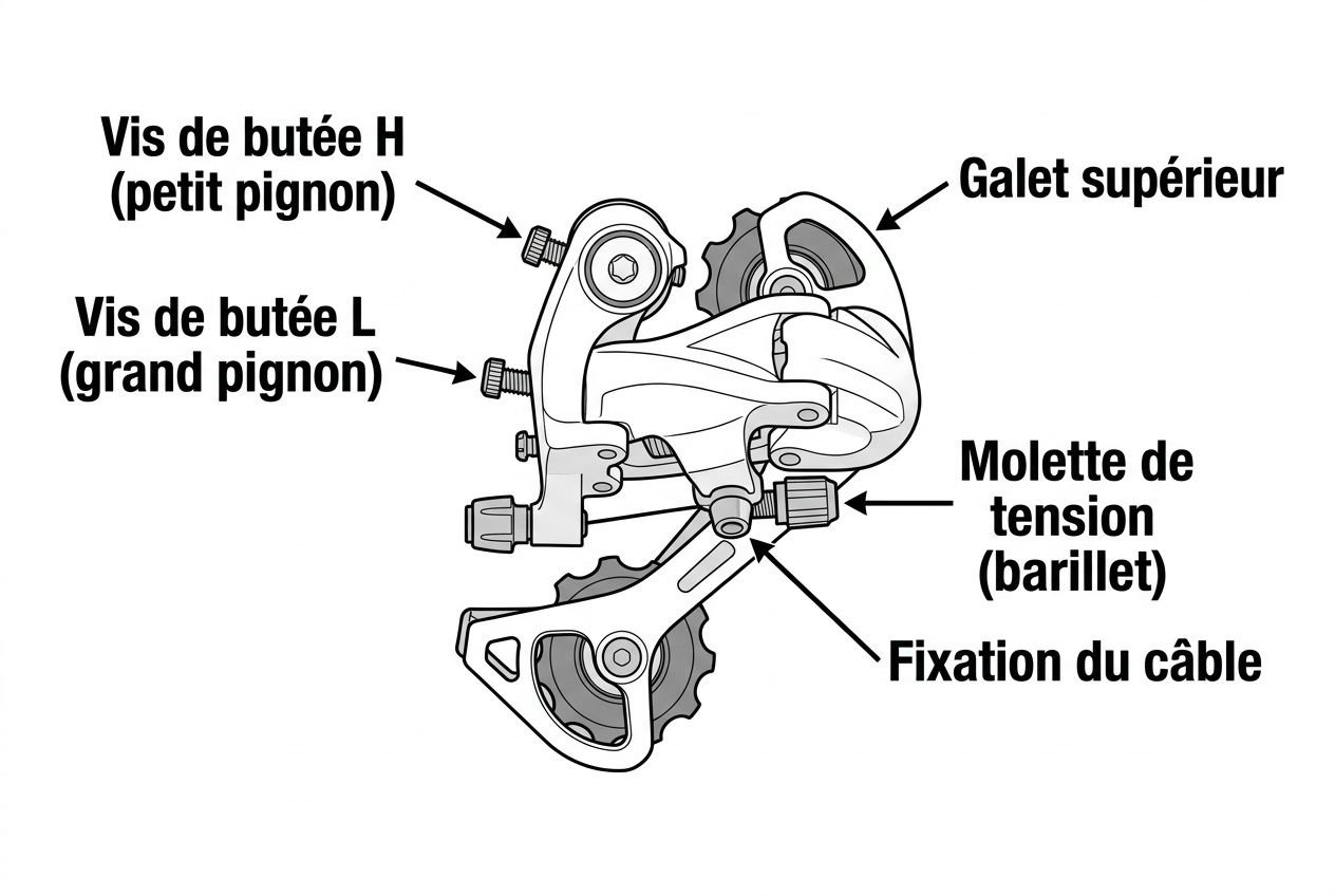 Schéma du dérailleur arrière Shimano avec vis de butée H/L, galet supérieur, molette de tension et fixation du câble, représentant le réglage dérailleur arrière shimano.
