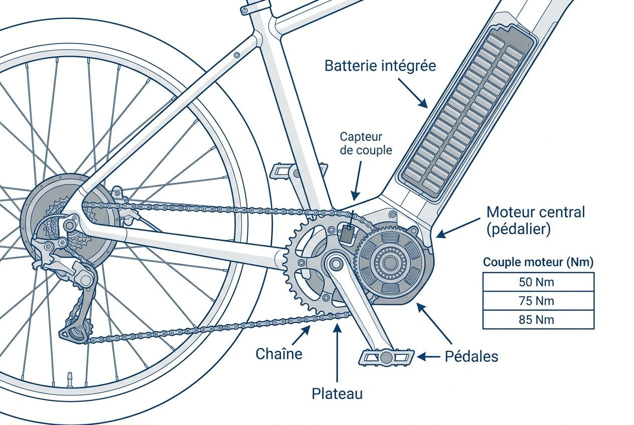 Schéma d’un vélo électrique: moteur central, batterie intégrée et capteur de couple, chaîne, plateau et pédales visibles, configuration détaillée. Inclut mention du mécanisme et du cadre. intégration: comment choisir vélo électrique.