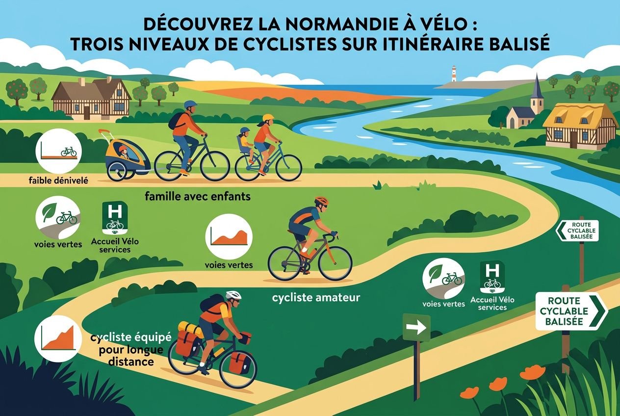 La seine à vélo traverse un paysage verdoyant et touristique avec cyclistes sur une route balisée, illustration colorée de familles et amis à vélo près de la Seine.