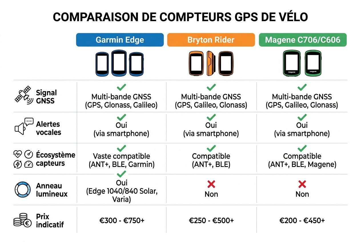 Comparatif des compteurs GPS vélo: Garmin Edge, Bryton Rider et Magene C706/C606 avec GNSS, alertes vocales et écosystème capteurs.