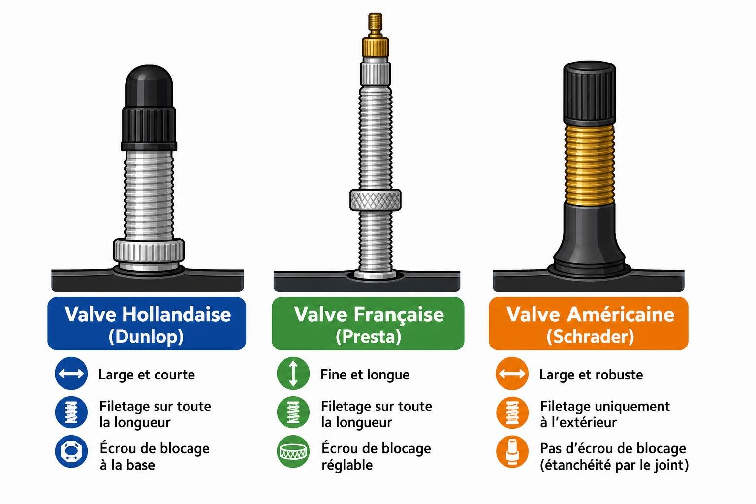 Trois types de valves de pneu vélo : Hollandaises, Françaises et Américaines, avec leurs caractéristiques et usages. comment bien gonfler pneu vélo en déterminant pression et pompe adaptée.