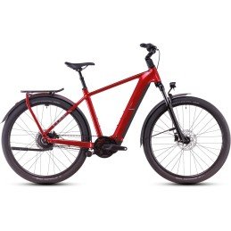 Vélo électrique d'occasion rouge, cadre robuste, roue arrière avec batterie intégrée et guidon droit.
