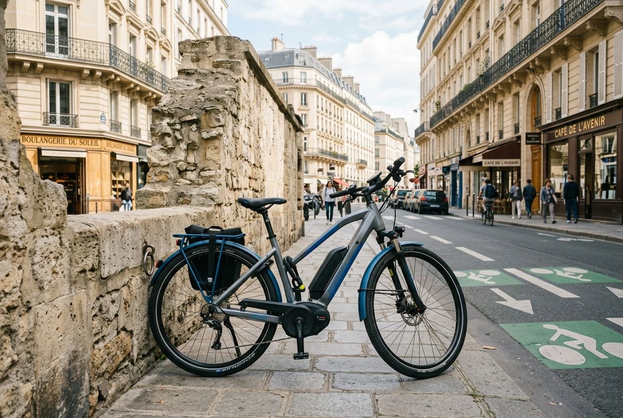 Vélo électrique noir garé sur trottoir devant rue parisienne, en arrière-plan bâtiments, rues et commerces. Inclut aide achat vélo électrique 2025.