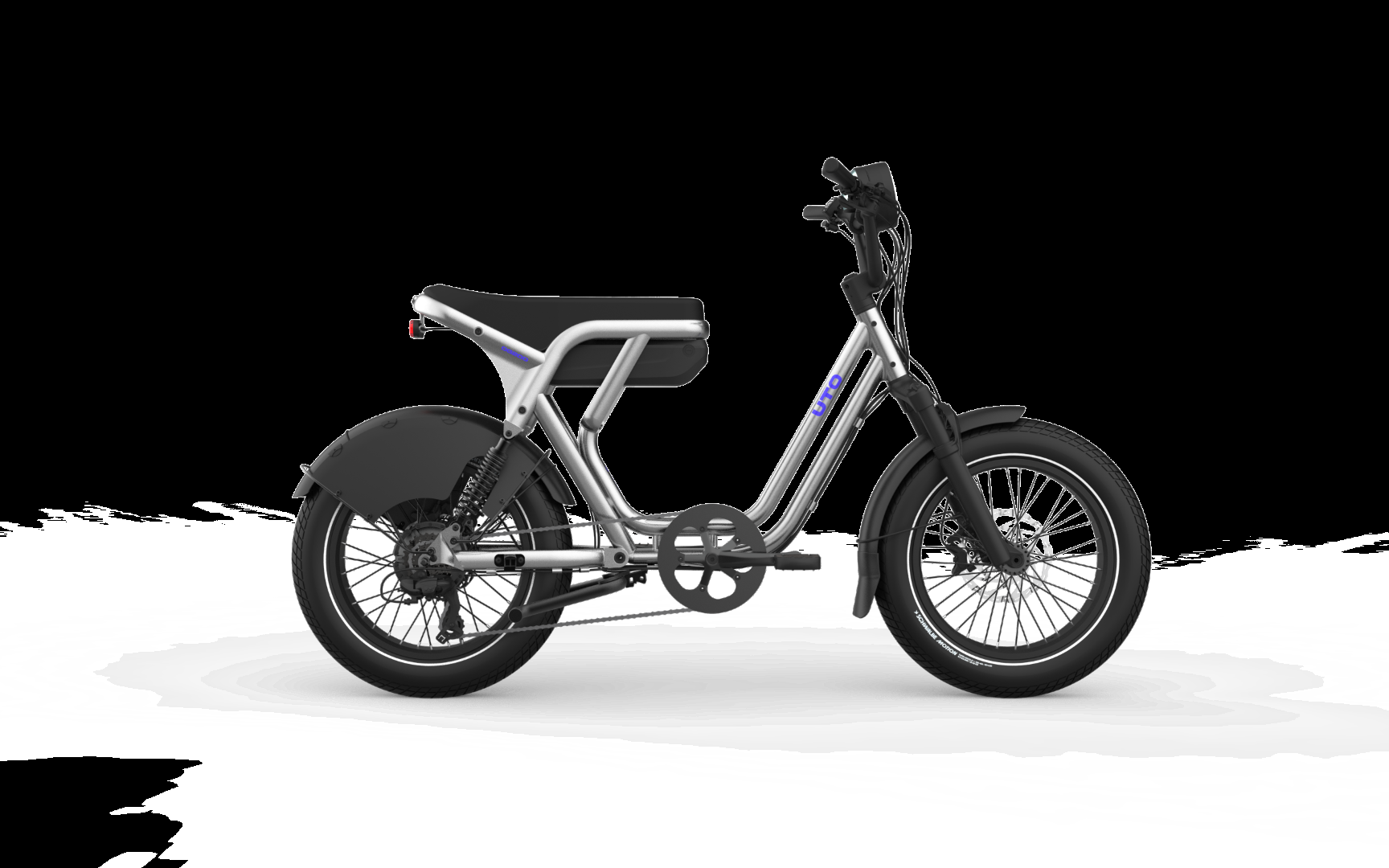 Vélo électrique silencieux au cadre gris, guidon droit, selle noire, roues avec pneus épais et disque, aperçu profilé sur fond blanc. antivol vélo comment faire intégré.