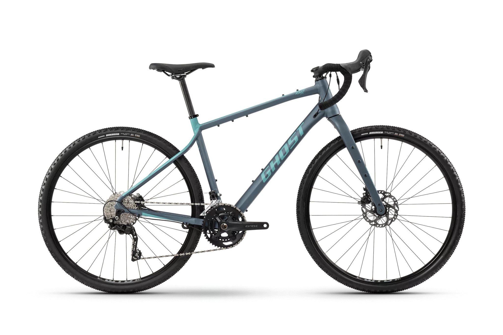 Vélo gravel gris et bleu avec cadre en aluminium, guidon drop, transmission à plusieurs vitesse et freins à disque sur fond blanc. 20 km de vélo c'est beaucoup intégrée.