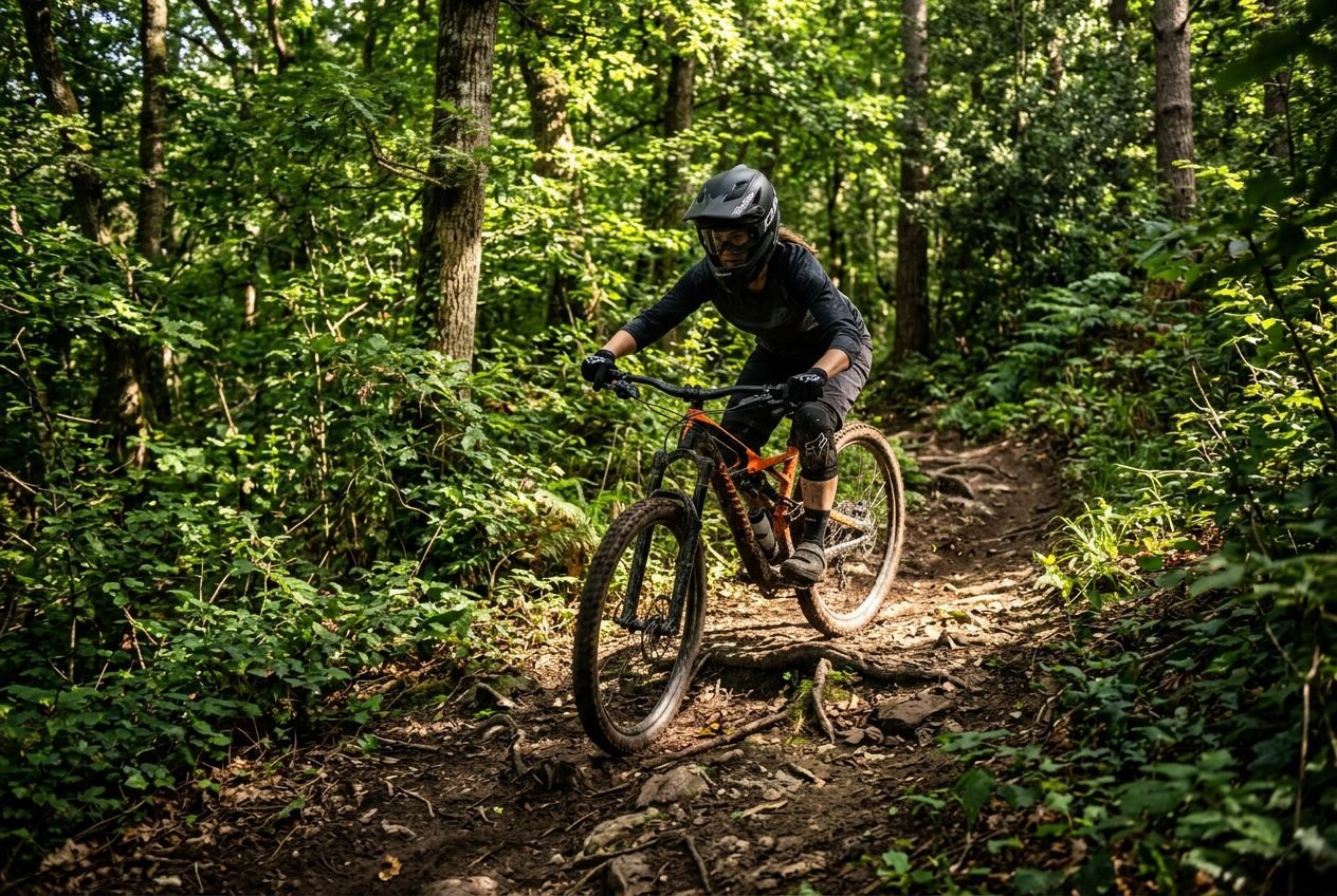 VTTiste portant casque sur une sentier forestier technique dans la forêt de Montmorency, dénivelé et racines visibles. Parcours vtt forêt de montmorency.